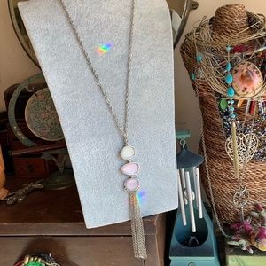 Nice Long Silver Tone Necklace Frosted Stones